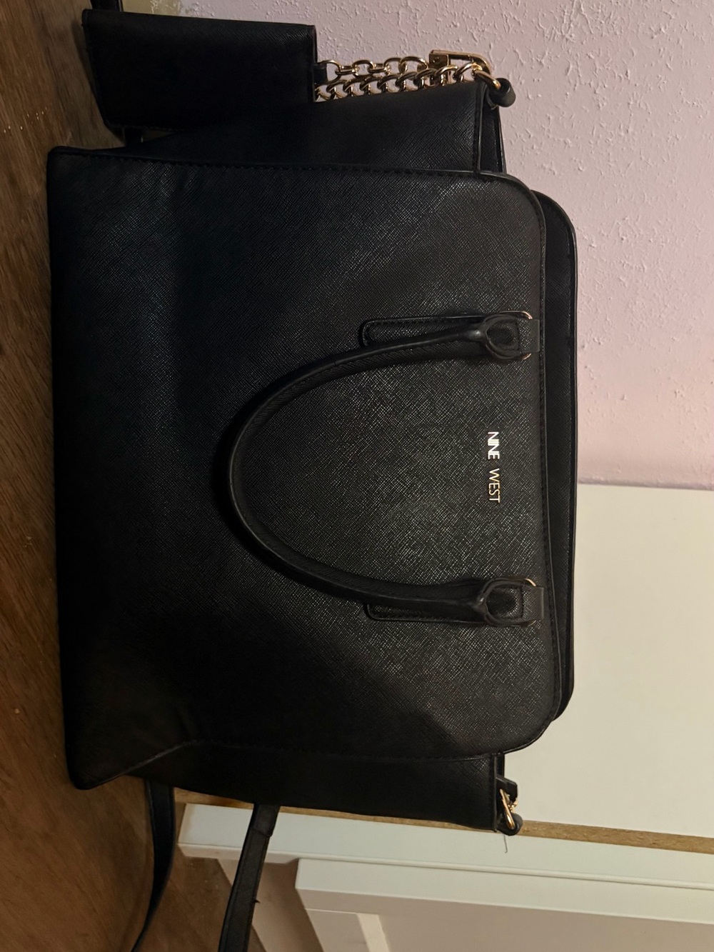 Nine West Black Saffiano Satchel with Gold Chain Accent